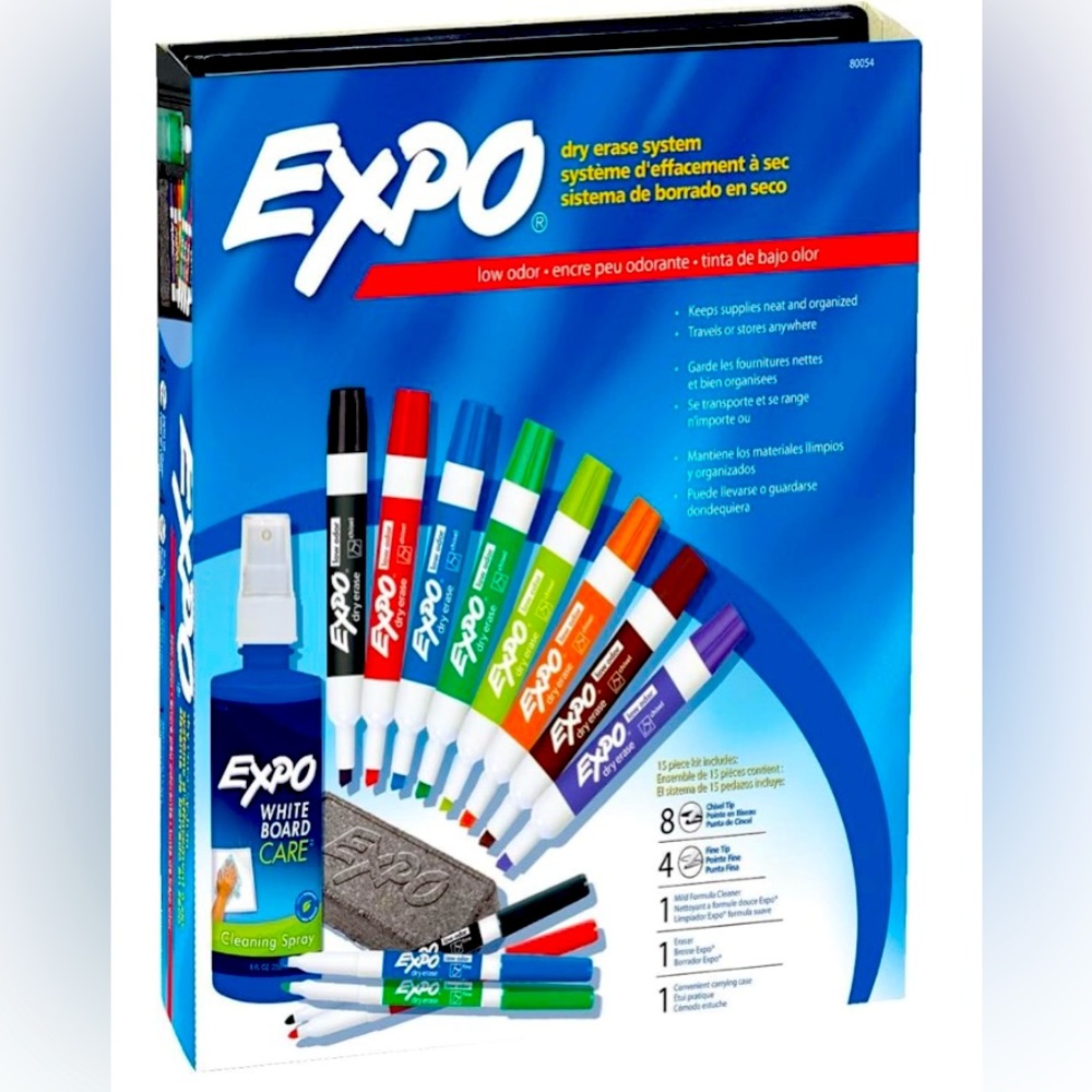 NEW: EXPO 80054 Low-Odor Dry Erase Marker Eraser & Cleaner Chisel/Fine 12/Set